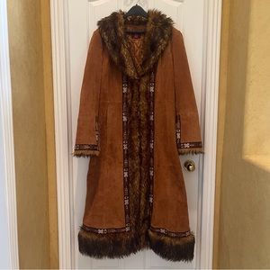 Penny Lane Leather Coat With Embroidery Detail And Faux Fur Trim